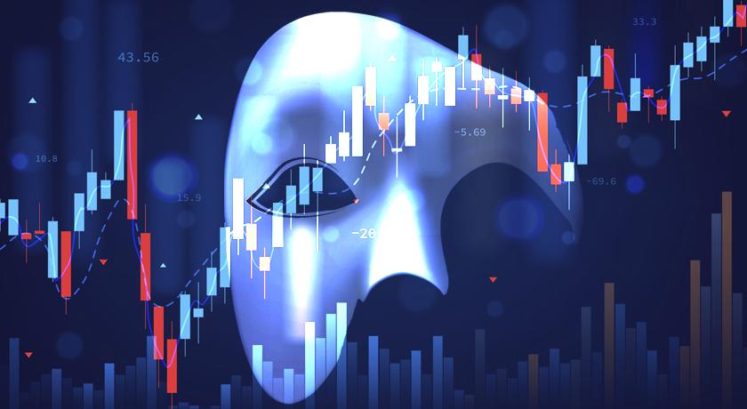 una màscara apareix en primer terme davant un fons de gràfics borsaris